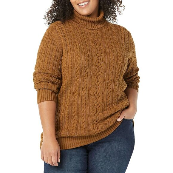 Amazon Essentials Sweater Women's 6X Brown Cotton Cable Knit Turtleneck Pullover - Picture 1 of 9